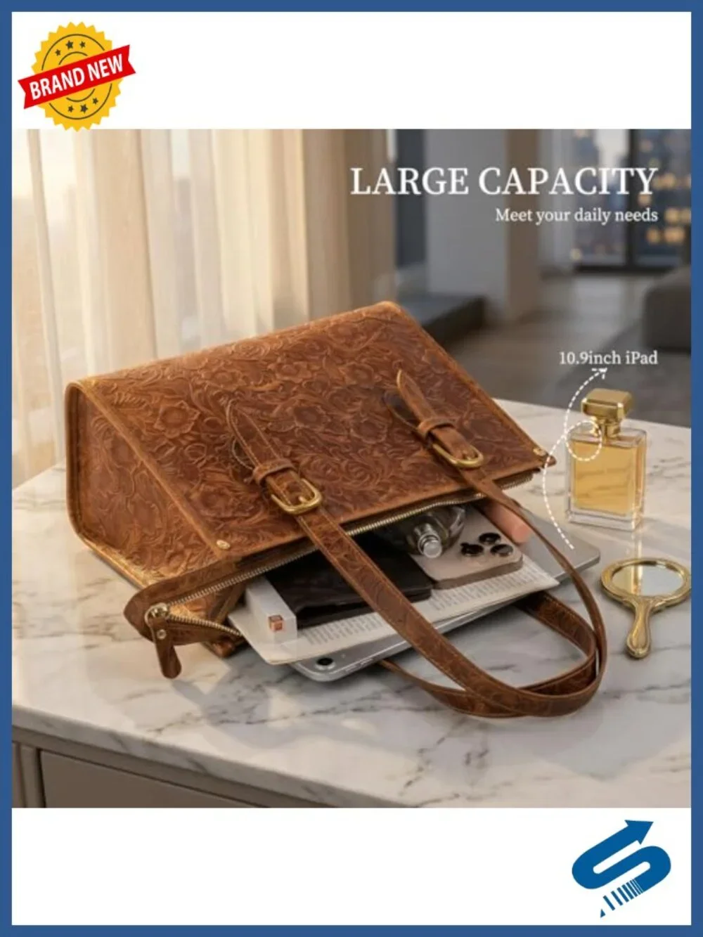 Genuine Full Grain Leather Tote Bag for Women Vintage Work Bag Floral Embossed
